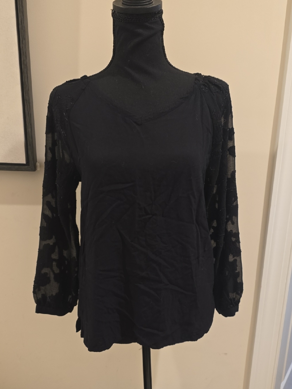 LOFT Black Long Sleeve Top with Sheer Patterned Sleeves